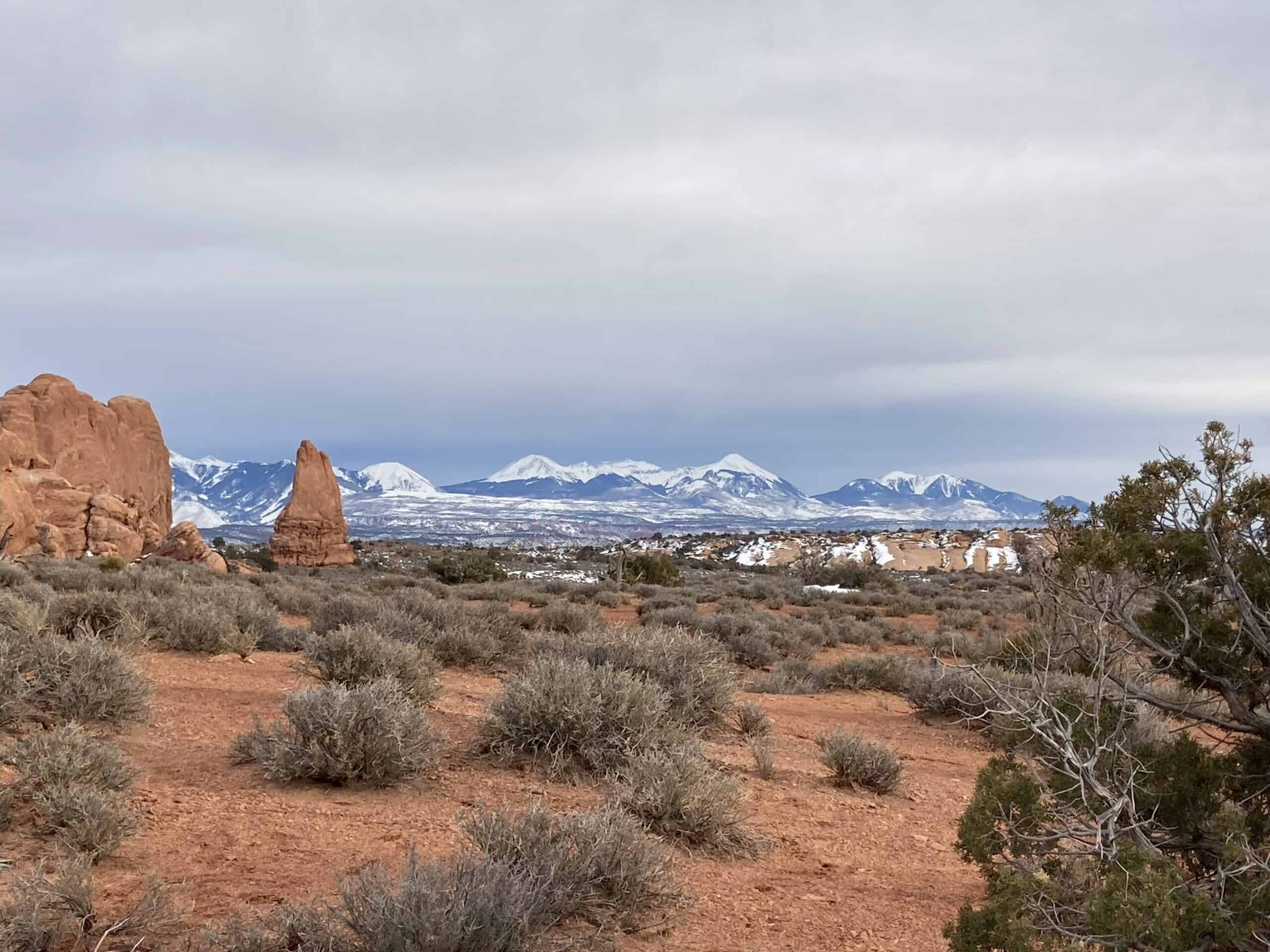 Moab desert stretching toward distant snow-capped peaks