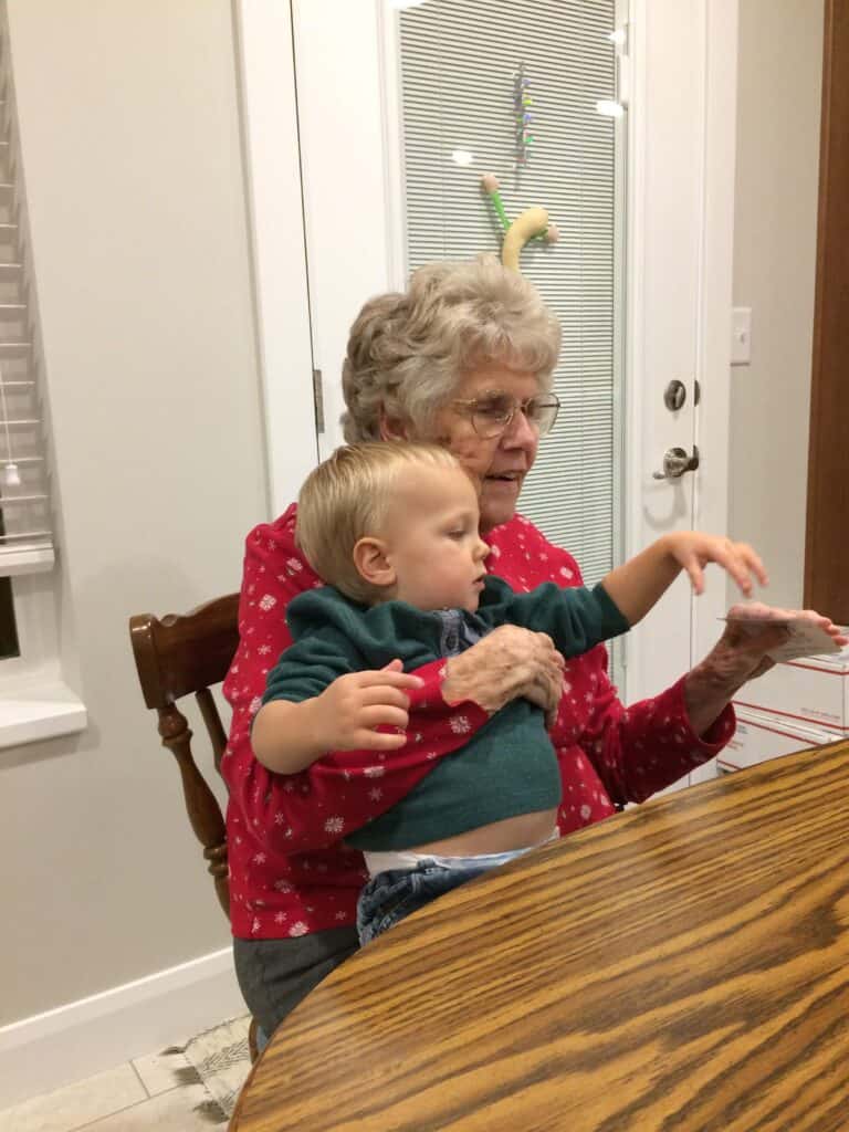 The writer's paternal grandmother, white-haired and wearing glasses and a red snowflake-print sweater, sits at her kitchen table holding her young grandson on her lap. The toddler, in a green sweater, reaches toward something they're looking at together. An ordinary afternoon, the kind the essay is built around.