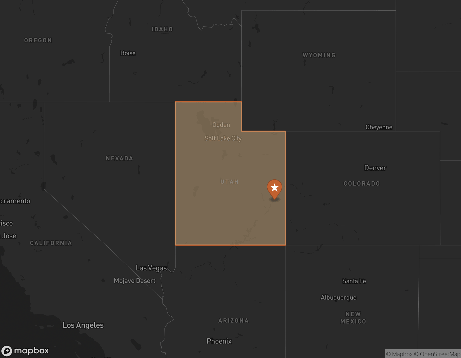 Map of Utah with Moab marked in the southeast corner, near the Four Corners where Utah meets Colorado, Arizona and New Mexico, with Nevada to the west.